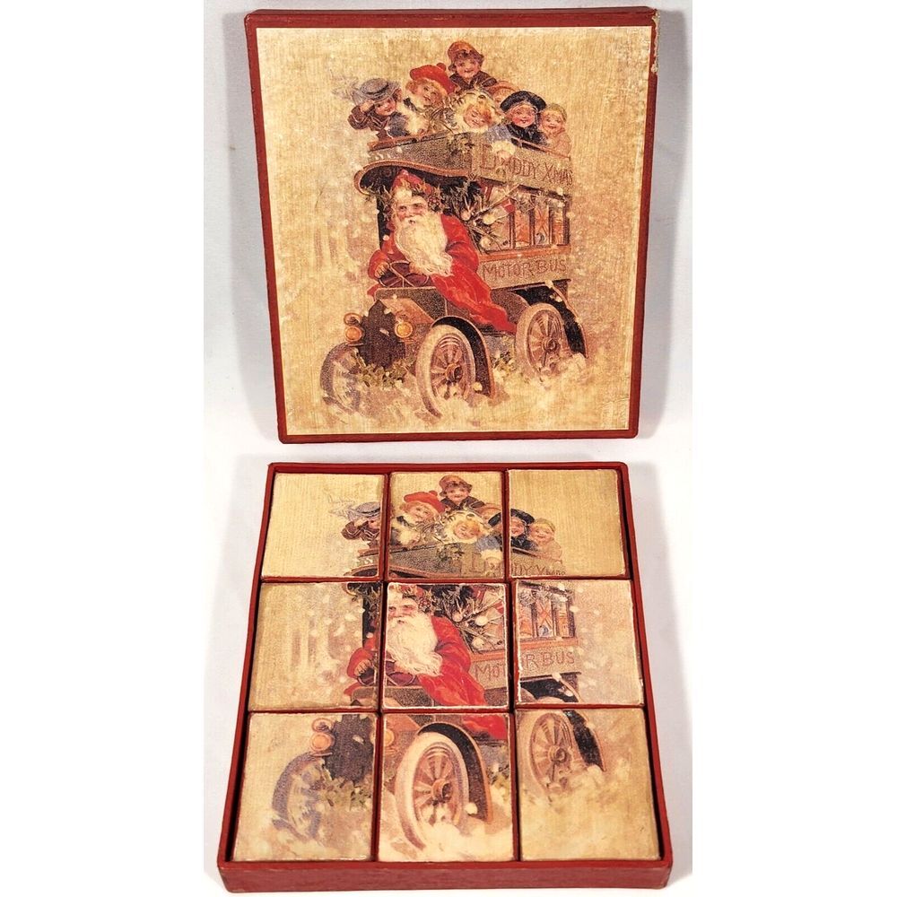 vintage Daddy Xmas Motor Bus 9 piece large wood Block Puzzle santa Christmas